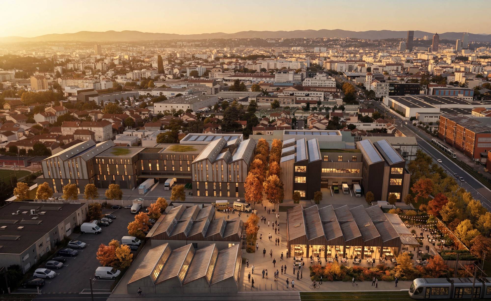 Rendu perspective aérienne sur base drone, peojet La Fabryk, Esat Line, Vinci Immo, Villeurbanne