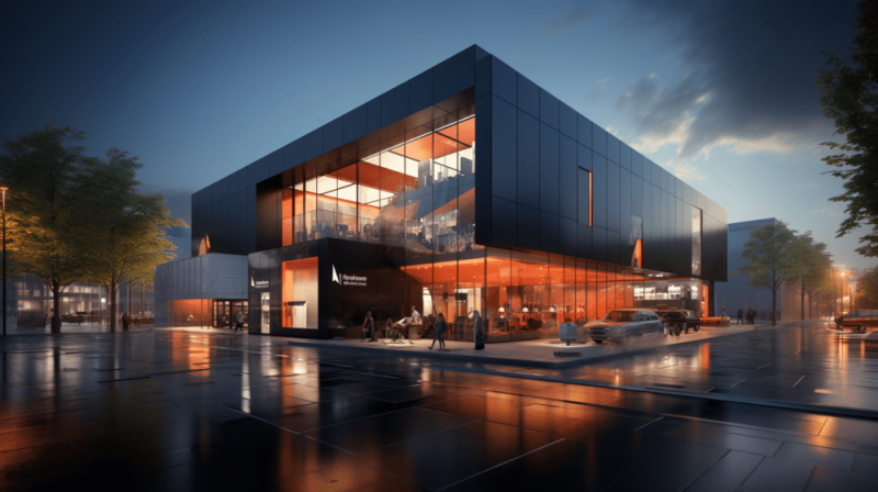 Images 3D nocturnes d’une concession automobile haut de gamme à Lyon