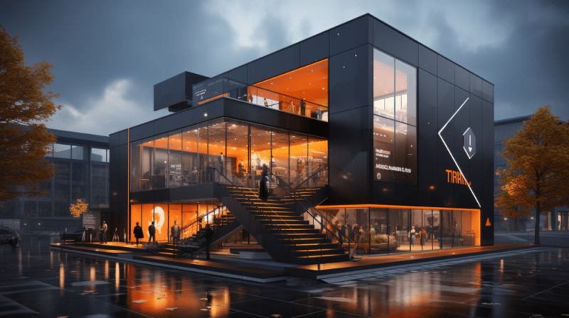 Images 3D nocturnes d’une concession automobile haut de gamme à Lyon