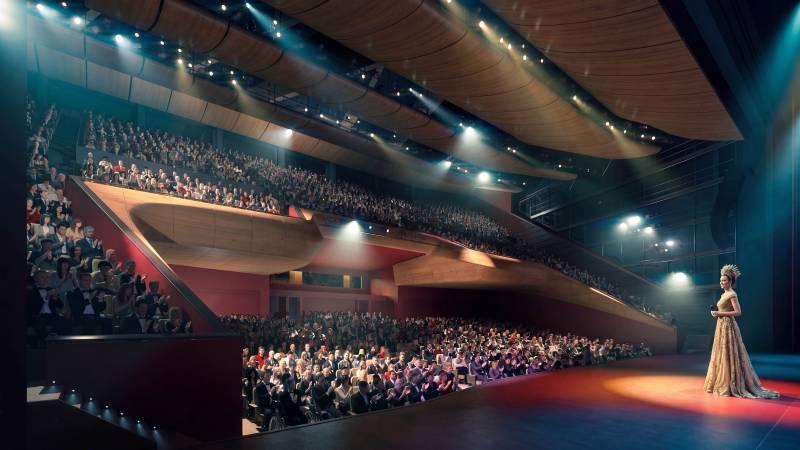 Perspective intérieure pour la rénovation du grand auditorium du palais des festivals de Cannes.