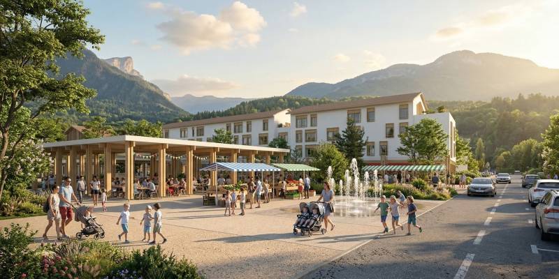 Perspective pour le nouveau Lotissement pour la commune de Saint-Pierre-en-Faucigny : un film 3D immersif révèle l'aménagement détaillé du futur quartier résidentiel.