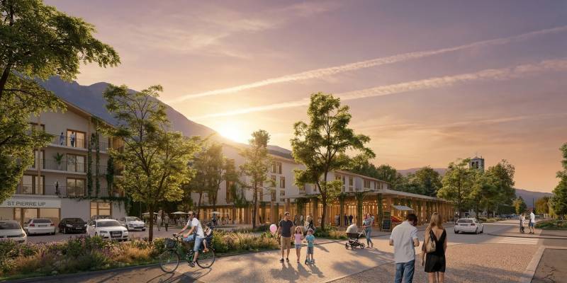 Perspective pour le nouveau Lotissement pour la commune de Saint-Pierre-en-Faucigny : un film 3D immersif révèle l'aménagement détaillé du futur quartier résidentiel.