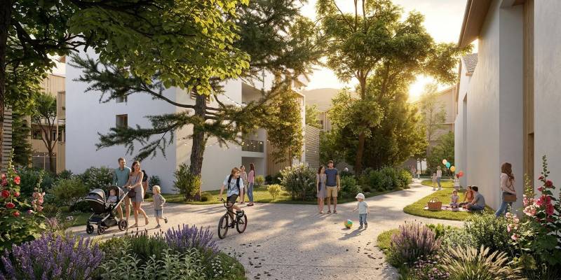 Perspective pour le nouveau Lotissement pour la commune de Saint-Pierre-en-Faucigny : un film 3D immersif révèle l'aménagement détaillé du futur quartier résidentiel.