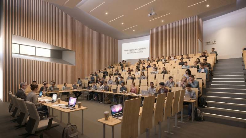 Perspective intérieure de l'amphi B pour le Campus de Bourg-en-Bresse