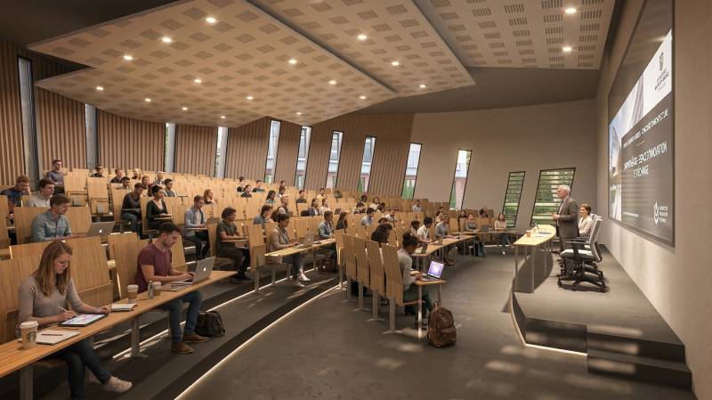 Perspective intérieure de l'amphi A pour le Campus de Bourg-en-Bresse
