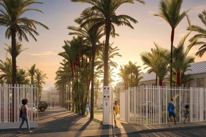 Perspective de l'entrée principale de la cité administrative et judiciaire de Saint-Martin