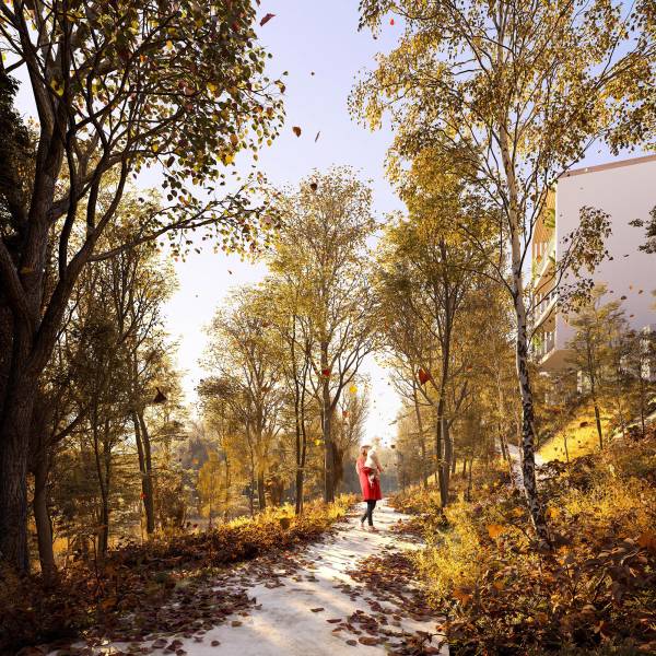 Concours de logements à Lyon : maquette 3D réaliste et rendus automnaux offrent une immersion sensible dans un projet élégant