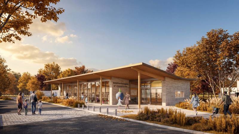 Les perspectives 3D du concours lauréat pour le nouveau restaurant scolaire et la bibliothèque de Crêches-sur-Saône près de Mâcon