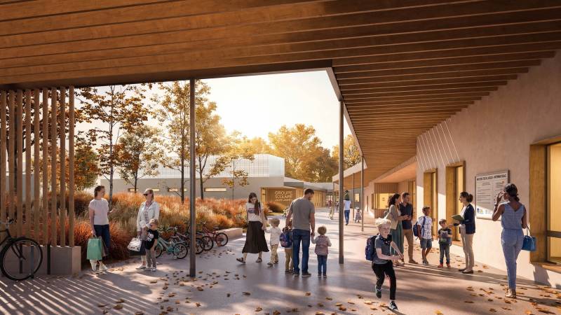 Images 3D pour le concours du nouveau groupe scolaire Albert Camus avec aménagement de la cour à Villefranche-sur-Saône près de Lyon