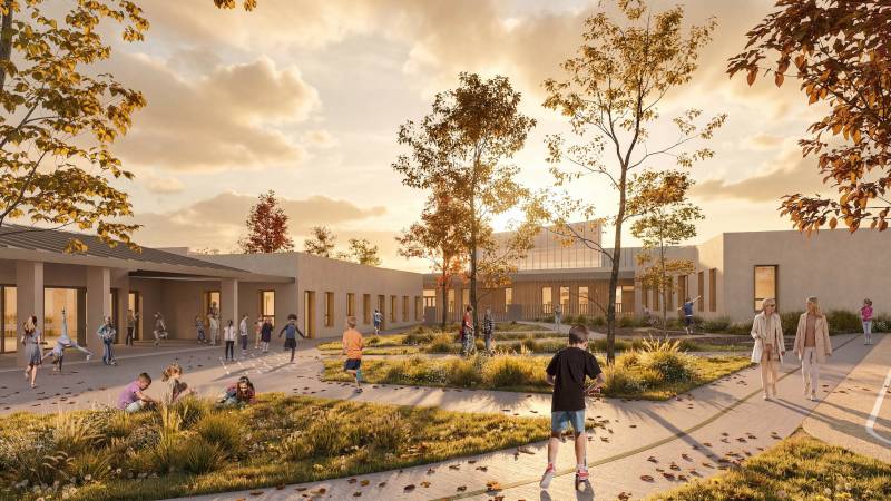 Images 3D pour le concours du nouveau groupe scolaire Albert Camus avec aménagement de la cour à Villefranche-sur-Saône près de Lyon