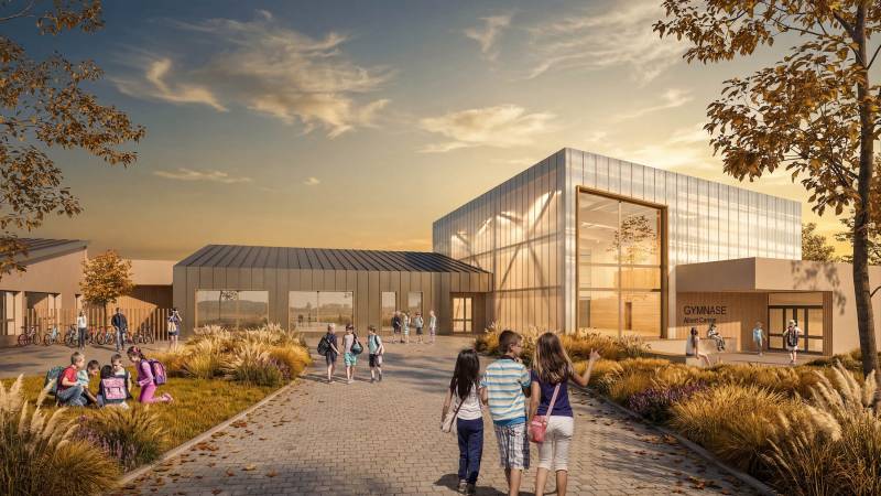 Images 3D pour le concours du nouveau groupe scolaire Albert Camus avec aménagement de la cour à Villefranche-sur-Saône près de Lyon