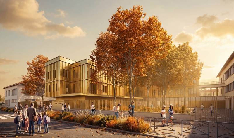 Projet avec perspectives 3D de la rénovation et l'extension du Groupe Scolaire Croix-Luizet à Villeurbanne près de Lyon