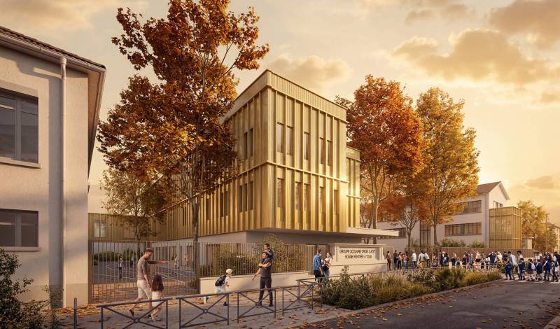 Projet avec perspectives 3D de la rénovation et l'extension du Groupe Scolaire Croix-Luizet à Villeurbanne près de Lyon