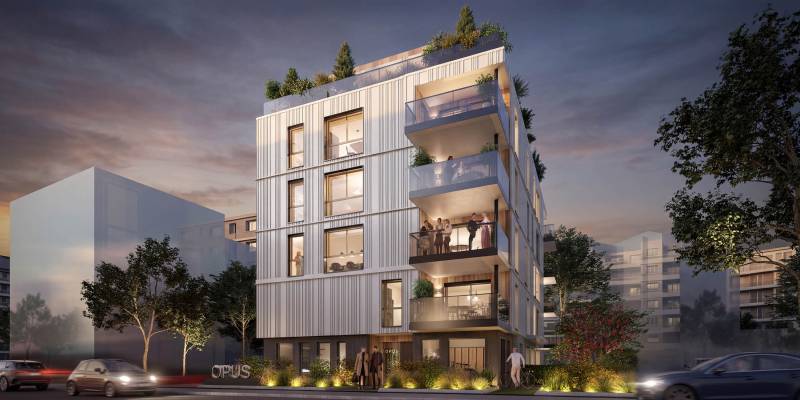 Conception sur mesure d'images 3D du projet immobilier « OPUS » avec immeuble et jardin à Annecy en Haute Savoie