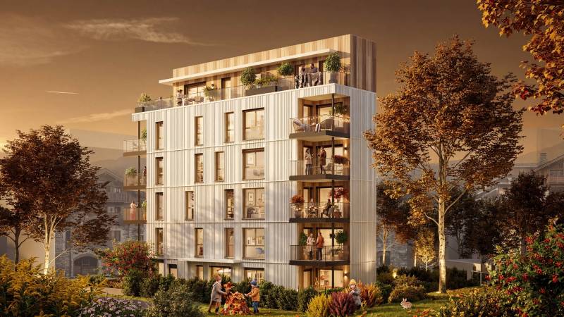 Conception sur mesure d'images 3D du projet immobilier « OPUS » avec immeuble et jardin à Annecy en Haute Savoie