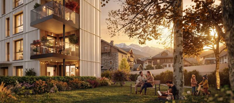 Conception sur mesure d'images 3D du projet immobilier « OPUS » avec immeuble et jardin à Annecy en Haute Savoie