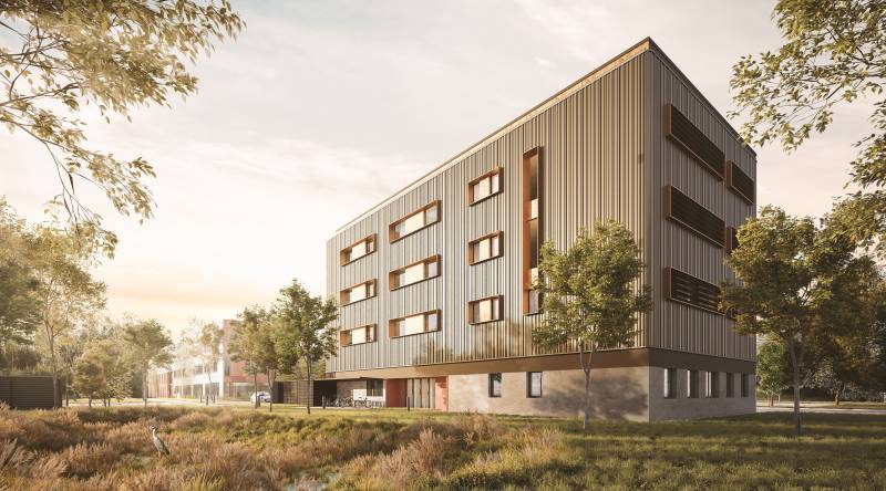 Extension illustrée en image 3D de la plateforme de recherche et développement AXEL’ONE à Lyon avec laboratoires et bureaux
