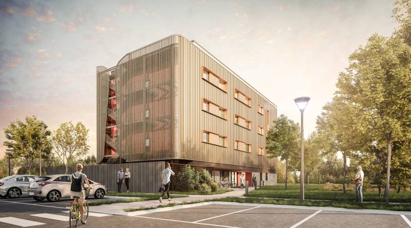 Extension illustrée en image 3D de la plateforme de recherche et développement AXEL’ONE à Lyon avec laboratoires et bureaux