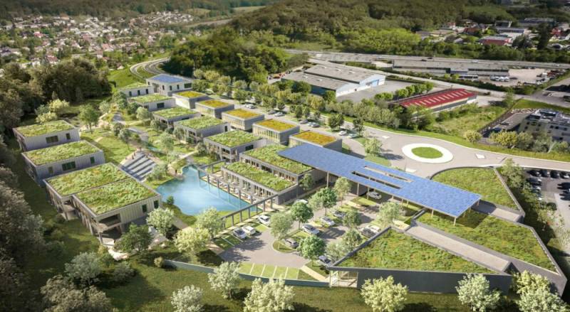 Image 3D du Complexe écoresponsable à Besançon : pierre locale, verdure, innovation durable.