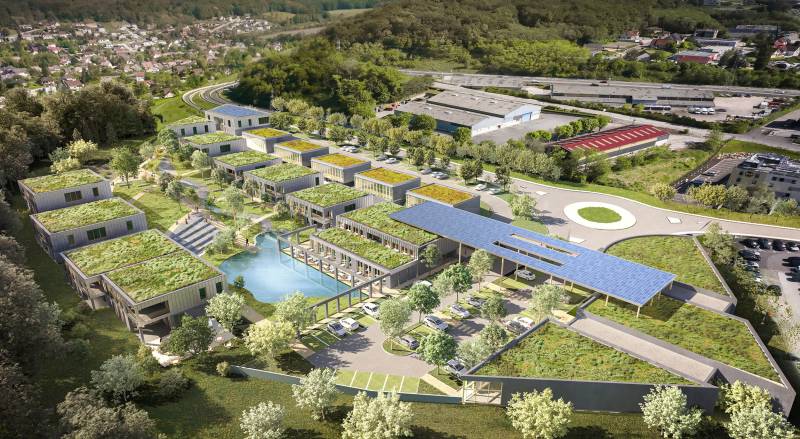 Image 3D du Complexe écoresponsable à Besançon : pierre locale, verdure, innovation durable.