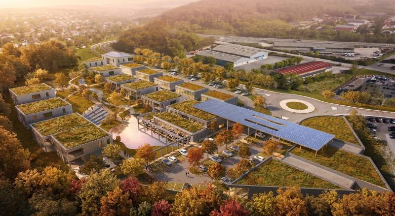 Image 3D du Complexe écoresponsable à Besançon : pierre locale, verdure, innovation durable.