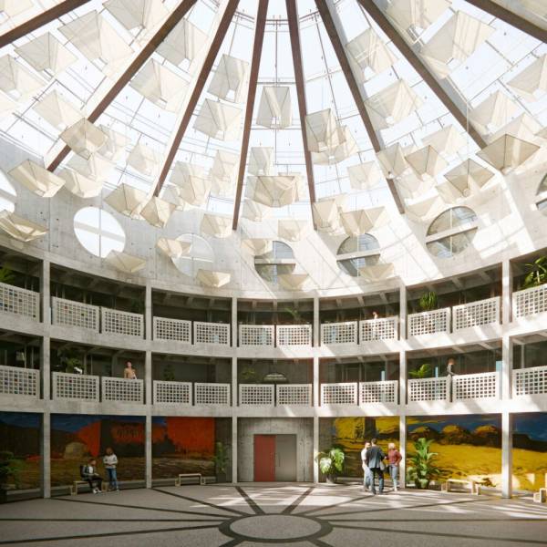 Image 3D de l'ENSA École d'Architecture de Lyon : protection solaire et esthétique brutaliste