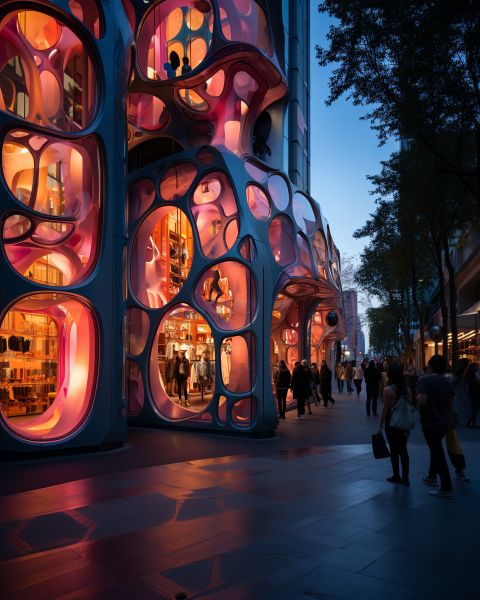 Façade 3D Art Déco futuriste, lumière et design au cœur de Paris.