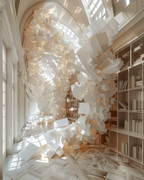 Imagination en liberté : livres virevoltants formant sculptures aériennes, célébrant la magie, la créativité et l’infini des mondes littéraires.