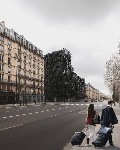 Bâtiment noir avant-gardiste à Paris, formes complexes, matériaux durables, technologie innovante
