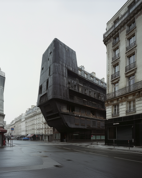 Bâtiment noir avant-gardiste à Paris, formes complexes, matériaux durables, technologie innovante