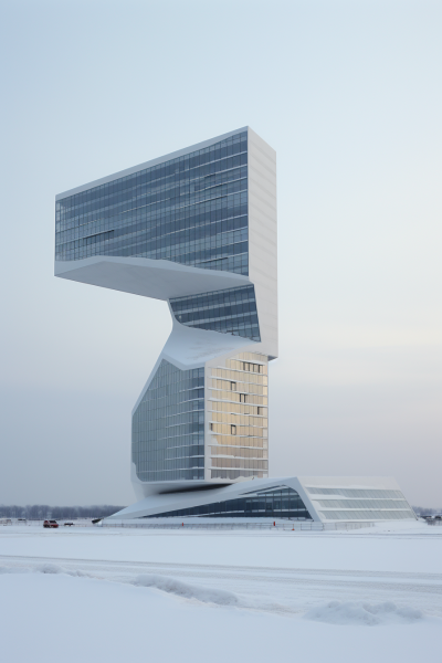 Architectures de verre et d’acier dans le Grand Nord, flottant dans la lumière polaire, en dialogue avec l’immensité blanche silencieuse.