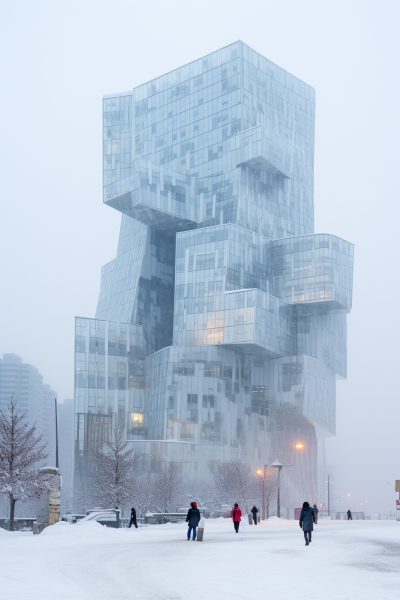 Architectures de verre et d’acier dans le Grand Nord, flottant dans la lumière polaire, en dialogue avec l’immensité blanche silencieuse.