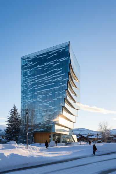 Architectures de verre et d’acier dans le Grand Nord, flottant dans la lumière polaire, en dialogue avec l’immensité blanche silencieuse.
