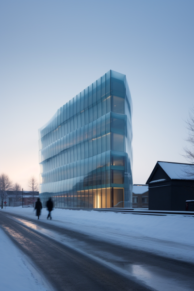 Architectures de verre et d’acier dans le Grand Nord, flottant dans la lumière polaire, en dialogue avec l’immensité blanche silencieuse.