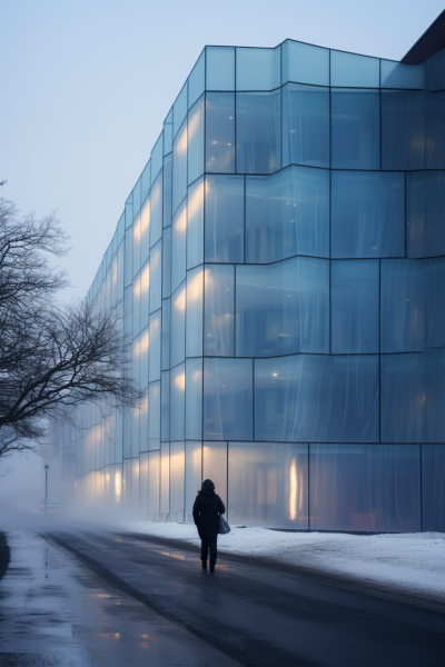 Architectures de verre et d’acier dans le Grand Nord, flottant dans la lumière polaire, en dialogue avec l’immensité blanche silencieuse.