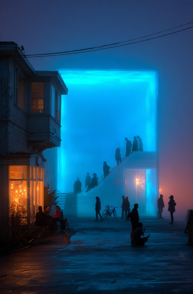 Façades de Verre Teinté: Quand l'Architecture Urbaine S'Illumine d'un Bleu Envoûtant à l'Heure Bleue, Révélant des Scènes Oniriques et Graphiques d'un Monde Réinventé.