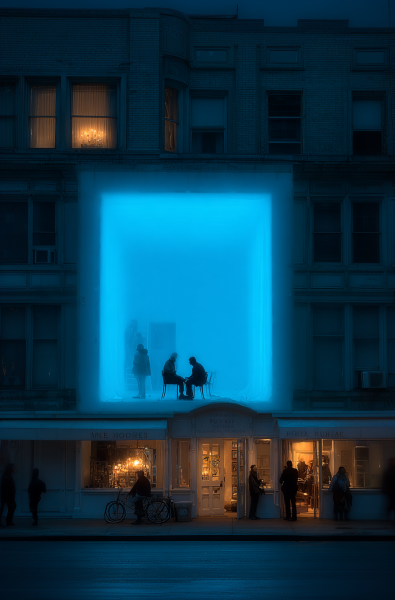 Façades de Verre Teinté: Quand l'Architecture Urbaine S'Illumine d'un Bleu Envoûtant à l'Heure Bleue, Révélant des Scènes Oniriques et Graphiques d'un Monde Réinventé.