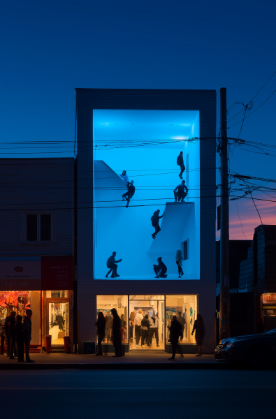 Façades de Verre Teinté: Quand l'Architecture Urbaine S'Illumine d'un Bleu Envoûtant à l'Heure Bleue, Révélant des Scènes Oniriques et Graphiques d'un Monde Réinventé.