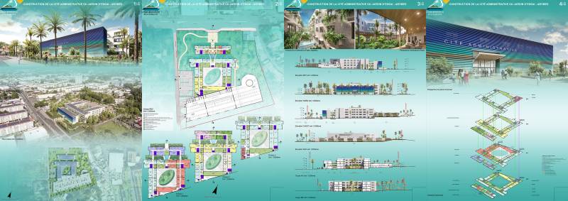 Images 3D, plans et coupes du concours restreint pour la construction de la Cité Administrative du Jardin d’Essai en Guadeloupe