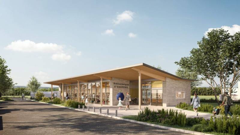 Perspectives 3D du restaurant scolaire et de la bibliothèque de Crêches-sur-Saône : une architecture durable mêlant béton, bois lamellé collé et toiture végétalisée au service du bien-être et de l’environnement