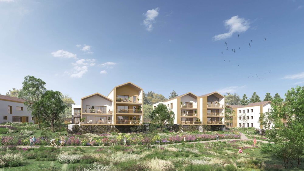 Concours logements Genilac, perspective paysagère sur parc arboré avec rendu végétation en 3D et intégration de l'architecture dans le Parc