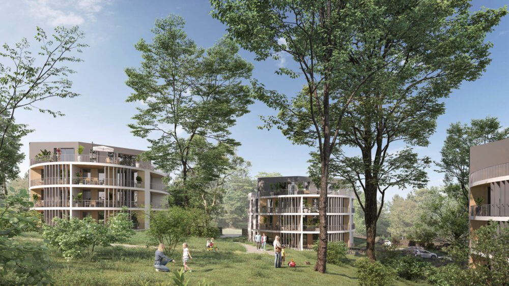 Concours logements Genilac, perspective paysagère sur parc arboré avec rendu végétation en 3D et intégration de l'architecture dans le Parc