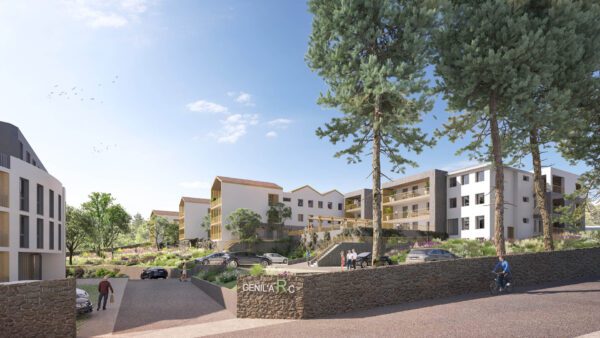 Concours logements Genilac, perspective paysagère sur parc arboré avec rendu végétation en 3D et intégration de l'architecture dans le Parc