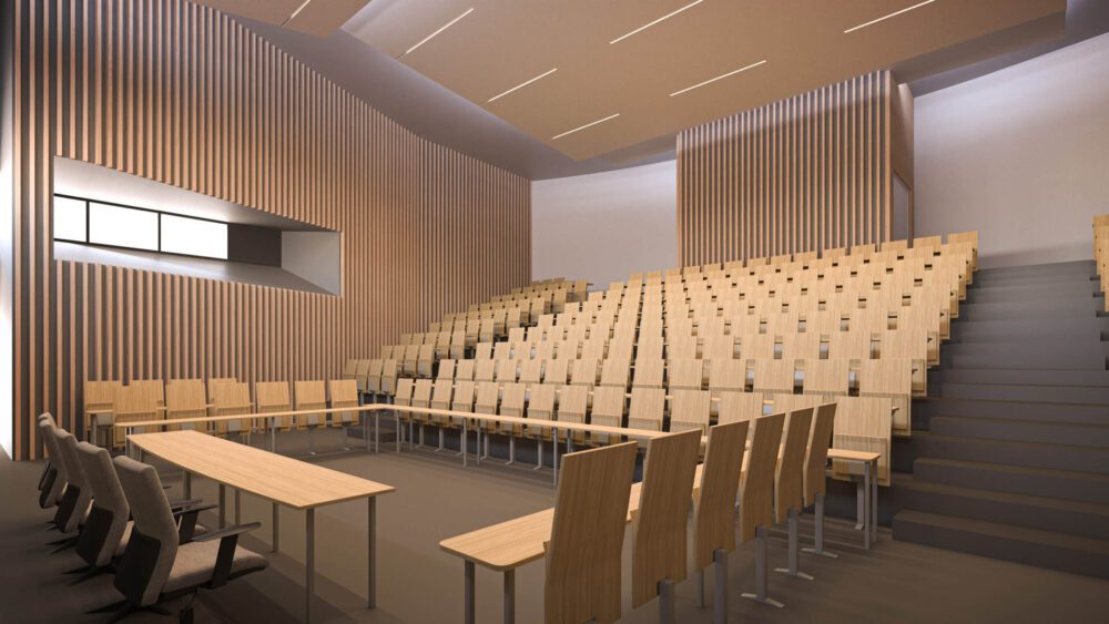 Concours pour le nouveau campus de Bourg en Bresse, perspective des amphithéâtres et réhabilitation de la chapelle en 3D