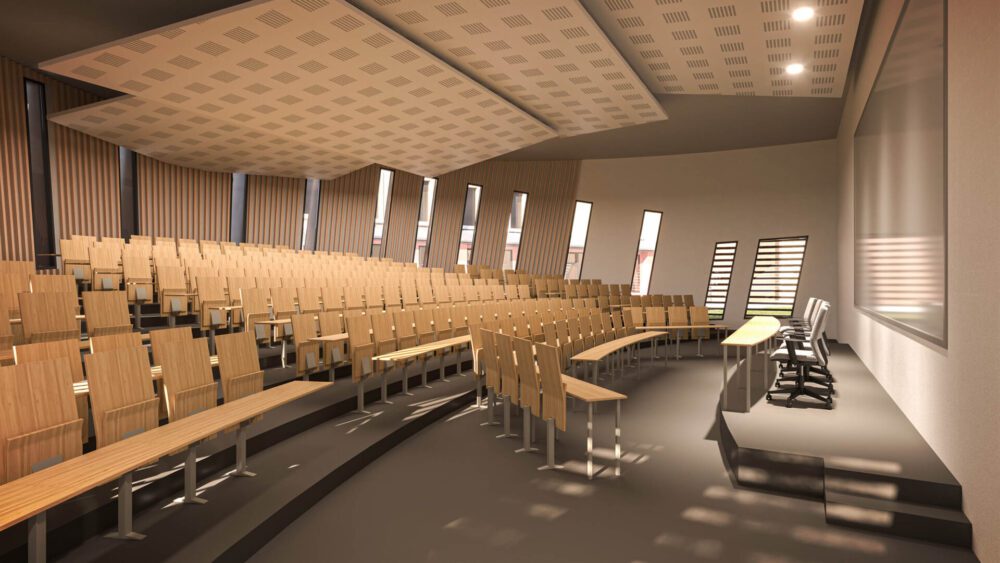 Concours pour le nouveau campus de Bourg en Bresse, perspective des amphithéâtres et réhabilitation de la chapelle en 3D