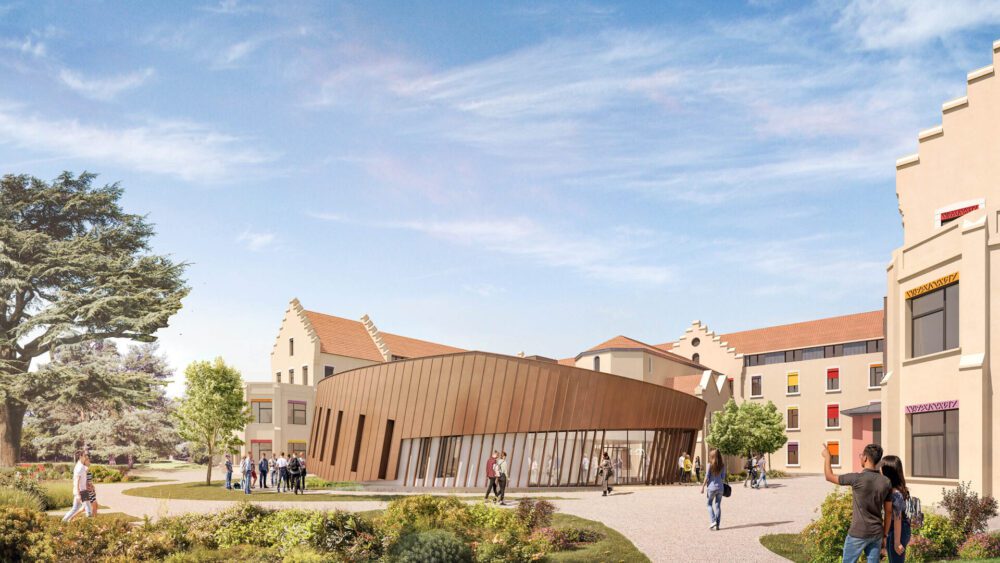 Concours pour le nouveau campus de Bourg en Bresse, perspective des amphithéâtres et réhabilitation de la chapelle en 3D