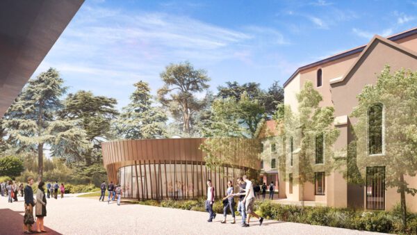 Concours pour le nouveau campus de Bourg en Bresse, perspective des amphithéâtres et réhabilitation de la chapelle en 3D
