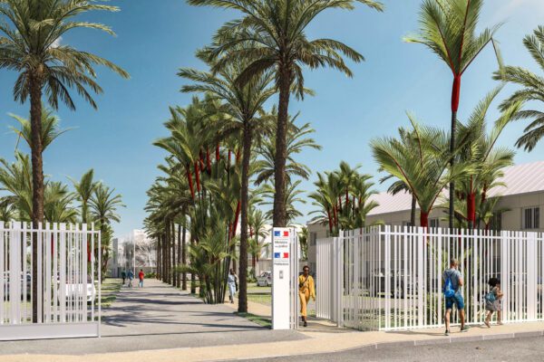 Concours pour le nouveau palais de justice et préfecture de Saint-Martin Perspective intérieure, perspective extérieure et vue aérienne avec intégration drone, rendu complet des panneaux de concours
