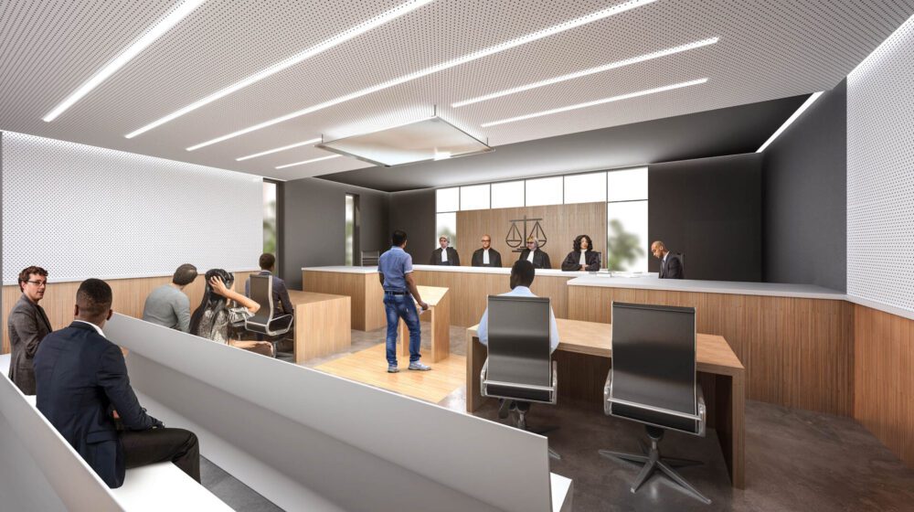 Concours pour le nouveau palais de justice et préfecture de Saint-Martin Perspective intérieure, perspective extérieure et vue aérienne avec intégration drone, rendu complet des panneaux de concours