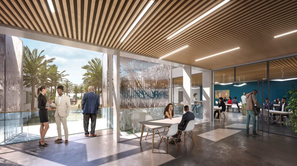 Concours pour le nouveau palais de justice et préfecture de Saint-Martin Perspective intérieure, perspective extérieure et vue aérienne avec intégration drone, rendu complet des panneaux de concours